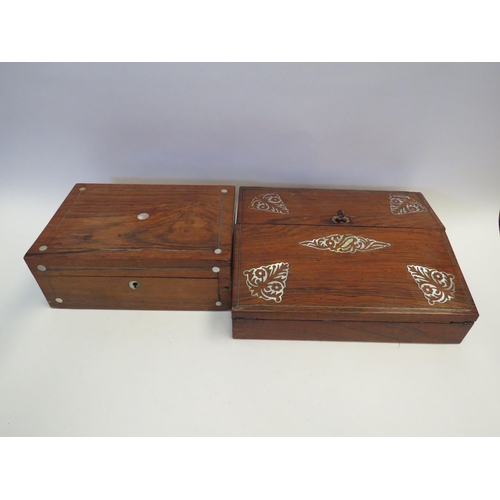 1346 - A rosewood writing slope with mother-of-pearl inlay, a/f, and a box, also with mother-of-pearl inlay