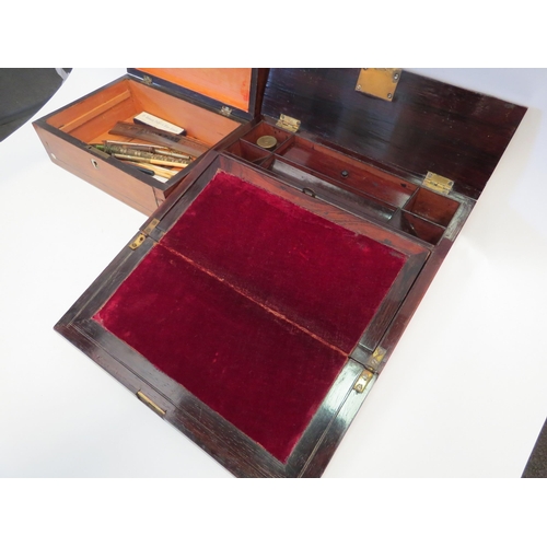 1346 - A rosewood writing slope with mother-of-pearl inlay, a/f, and a box, also with mother-of-pearl inlay