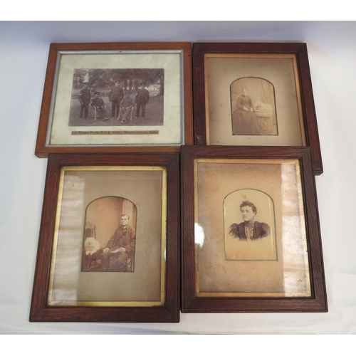 1349 - Four oak framed black and white Victorian photographs including men in uniform, gent and lady with d... 