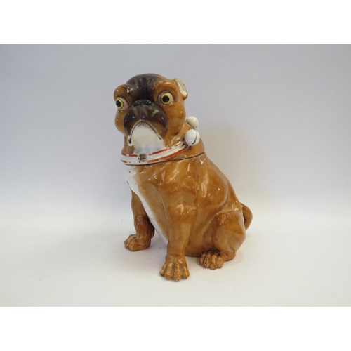 1358 - A Victorian German Meissen style porcelain pug dog jar and cover, chips to rim, 21cm tall