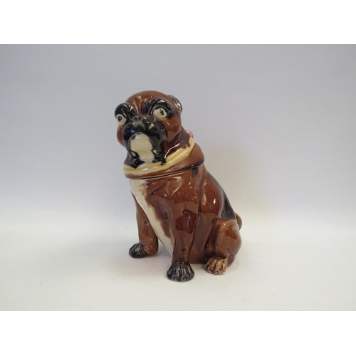 1359 - A Victorian majolica pug dog jar and cover, chip to rim, 20cm tall