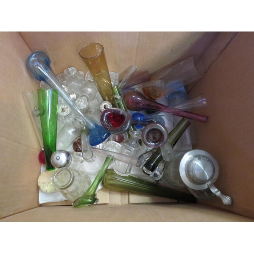 1371 - A box of miscellaneous glassware to include spill vases, tankard, cruets etc.