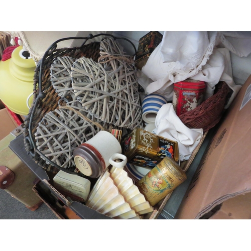 1378 - A box containing lamp shades, lace, throw, place mats, coasters, ceramics, tins etc.