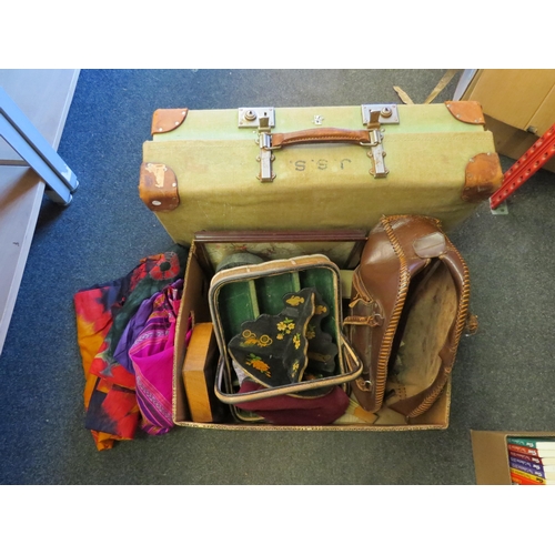 1380 - A vintage green travel case and a box of coloured fabric, clock, barometer (a/f), trug, bag etc.