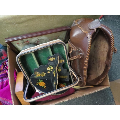 1380 - A vintage green travel case and a box of coloured fabric, clock, barometer (a/f), trug, bag etc.