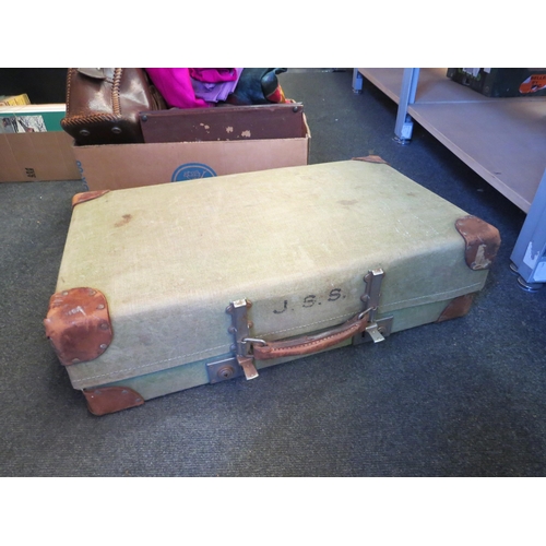 1380 - A vintage green travel case and a box of coloured fabric, clock, barometer (a/f), trug, bag etc.