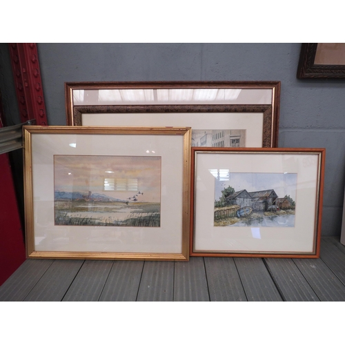 1400 - Three watercolours of coastal and rural scenes and a print, all framed and glazed (4)