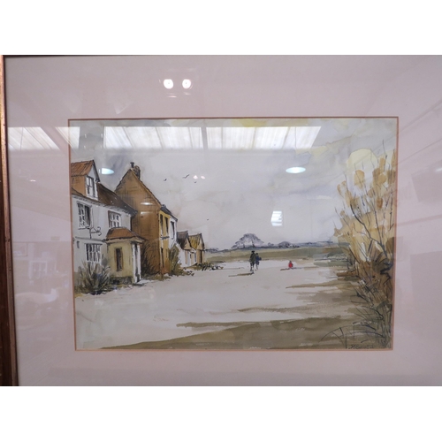 1400 - Three watercolours of coastal and rural scenes and a print, all framed and glazed (4)