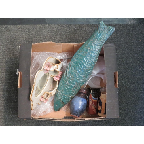 1406 - A Studio pottery mirror/wall pocket, fish plaque, 46cm long, pig figure and a vase etc.