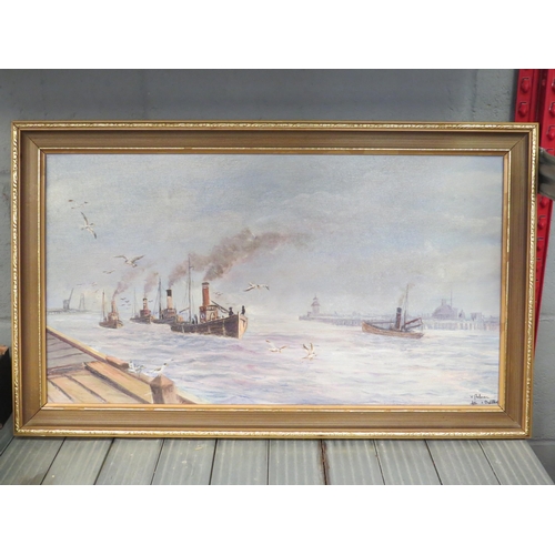 1407 - V. PALMER: An oil on canvas board depicting fishing smacks, signed lower right, framed, 35cm x 65cm ... 