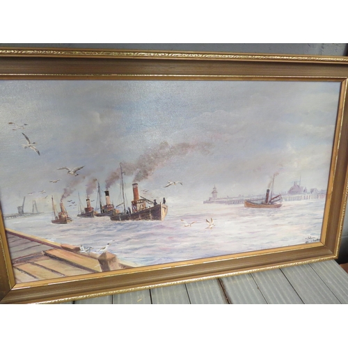 1407 - V. PALMER: An oil on canvas board depicting fishing smacks, signed lower right, framed, 35cm x 65cm ... 