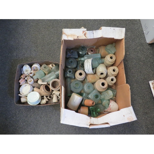 1410 - A box of stoneware and glass ink bottles