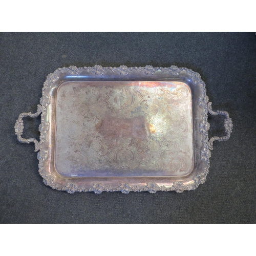 1413 - A large silver plated drinks tray with grape and vine relief, 75.5cm length