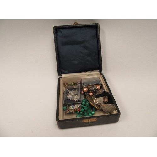 6416 - A box of bijouterie including a 9ct gold metal core stiff hinge bangle, a pinch beck framed shell ca... 