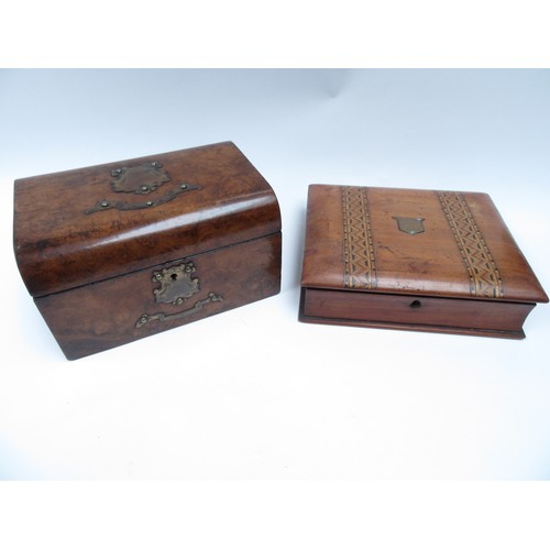 6260 - A burr walnut writing box with metal cartouche and escutcheon (a/f) and a similar mahogany and parqu... 