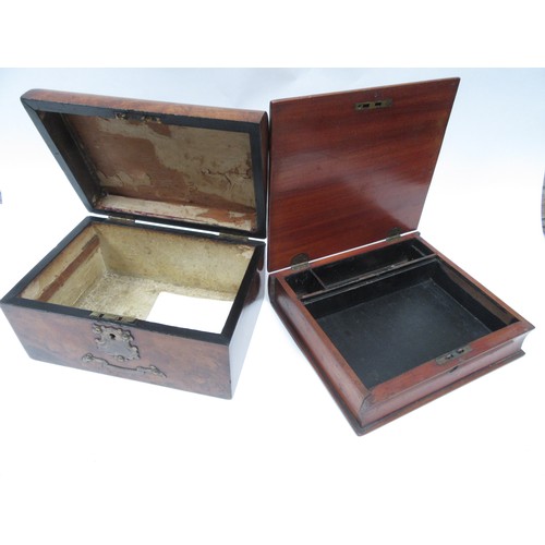 6260 - A burr walnut writing box with metal cartouche and escutcheon (a/f) and a similar mahogany and parqu... 