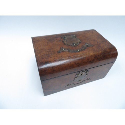 6260 - A burr walnut writing box with metal cartouche and escutcheon (a/f) and a similar mahogany and parqu... 