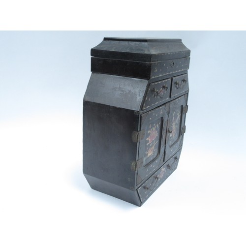 6253 - An Oriental black lacquer jewellery table top cabinet with rising top twin doors, six drawers, and p... 