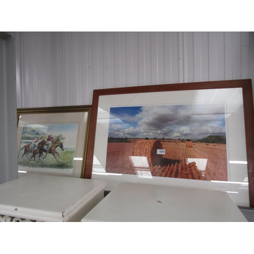 2222 - A watercolour of race horses and a harvest print (2)