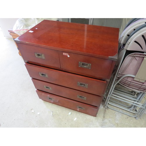 1028 - A 20th Century campaign-style chest of two over three drawers, with metal bound corners and handles.... 