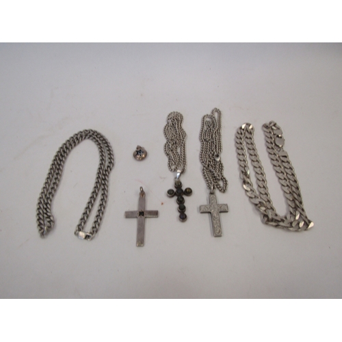 1467 - A flatlink neckchain stamped 925, engraved cross pendant, magic eye pendant, chains etc, 199g total