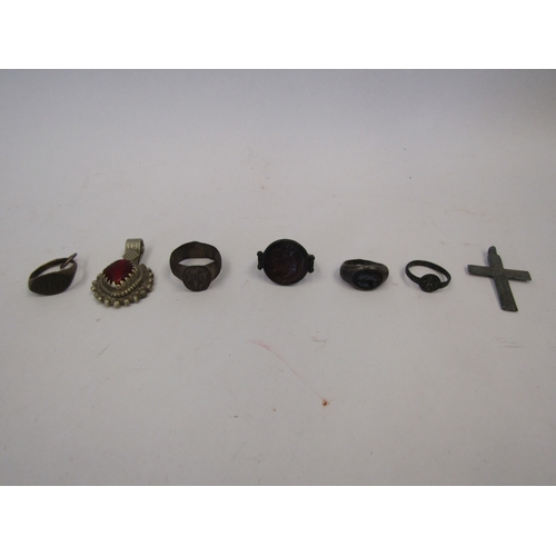 1484 - A medieval style ring, four others, a cross pendant and stone set pendant