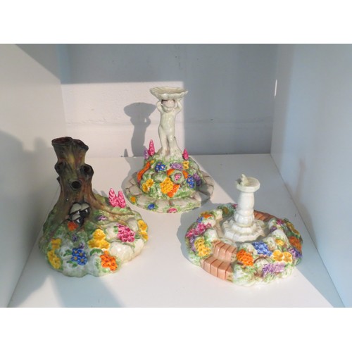 1004 - Three Tuscan China Plant series novelty items: a tree stump posy holder, a sun-dial and a figural bi... 