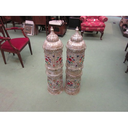 1016 - A pair of 20th Century Moroccan-style floor-standing lamps (some plastic beads missing). 1030cm tall... 