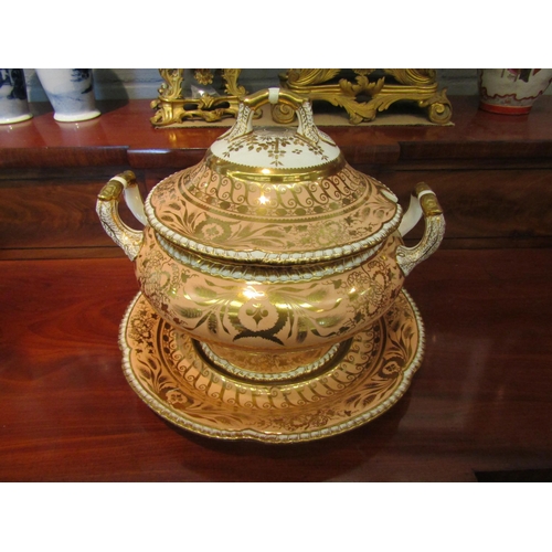 1191 - A large Regency Spode Felspar porcelain tureen, cover and stand richly embellished with gilt, hairli... 