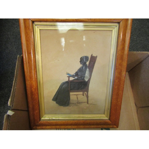 1641 - Six portraits / silhouettes including Victorian example of lady sat on chair, maple framed