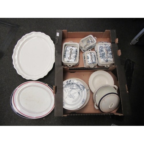 1643 - Two boxes of assorted ceramics, mostly blue and white wares, including meat plates, a 