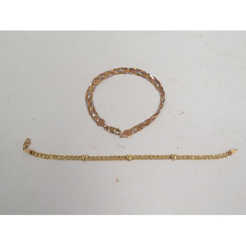 1059 - A three tone 9ct gold woven bracelet and another with heart motif, stamped 10k (2) 4.5g