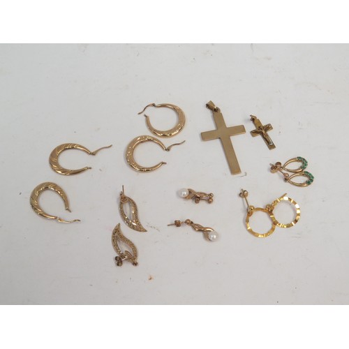 1067 - Two 9ct gold cross pendants and various pairs of earrings all 9ct gold examples including pearl. 11.... 