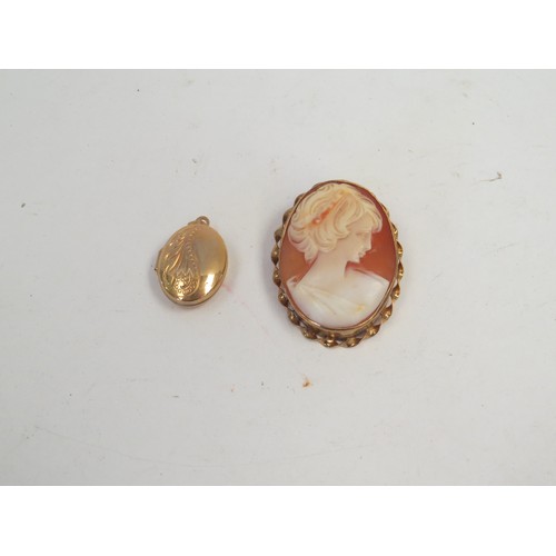 1070 - A 9ct gold-framed carved-shell cameo brooch and a 9ct gold locket (2)