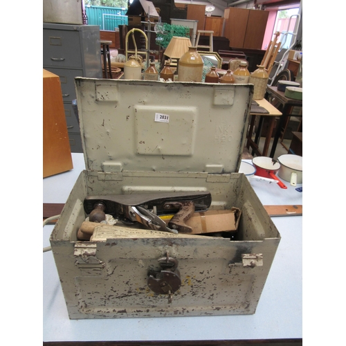 2031 - A metal tool box containing bygone tools