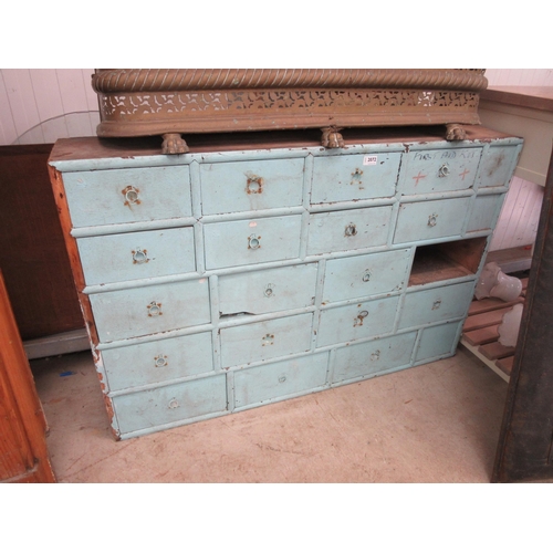 2072 - A blue painted 19th Century pine bank of nineteen drawers