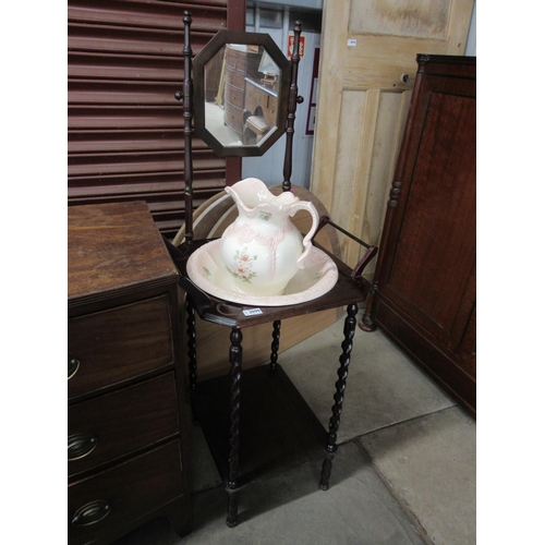 2090 - A Victorian mahogany barley-twist support wash stand with enamel ware