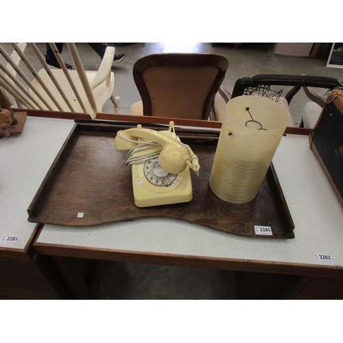 2285 - A 19th Century reading table, a BT 760 rotary phone, and a fibre spun lampshade