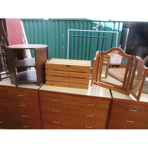 2322 - A Deco style oak coffee table together with a pine storage box, swivel mirror and a wine rack (4)