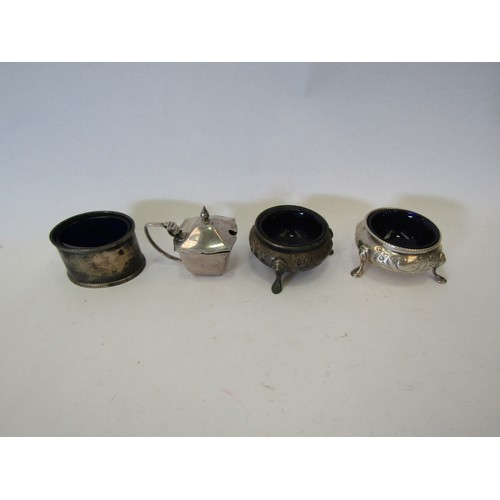 1474 - Four various silver cruets including table salts, blue glass liners, lid a/f