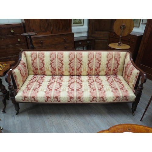 1287 - A 19th Century sofa in silk floral and stripe upholstery, 86cm x 189cm x 72cm