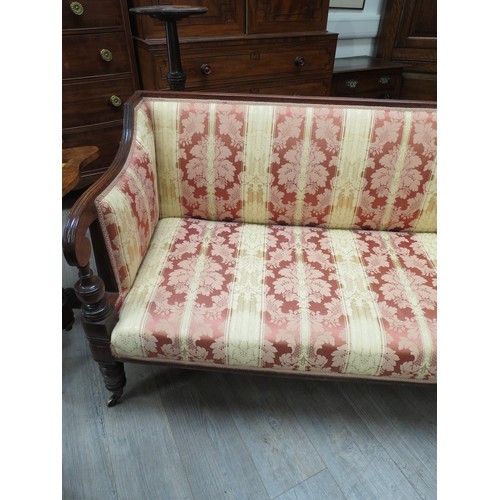 1287 - A 19th Century sofa in silk floral and stripe upholstery, 86cm x 189cm x 72cm