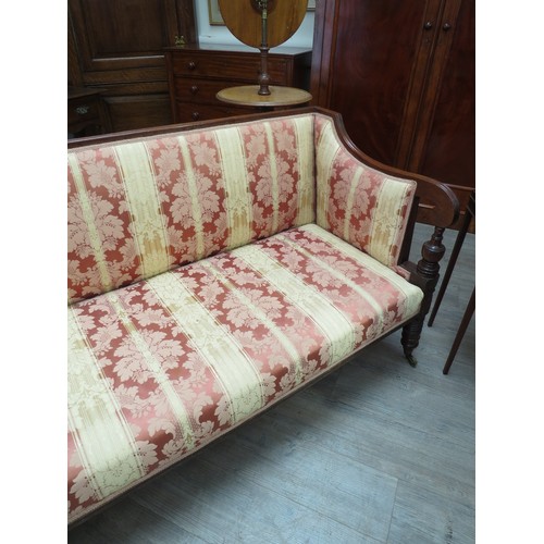 1287 - A 19th Century sofa in silk floral and stripe upholstery, 86cm x 189cm x 72cm