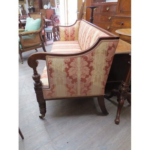 1287 - A 19th Century sofa in silk floral and stripe upholstery, 86cm x 189cm x 72cm