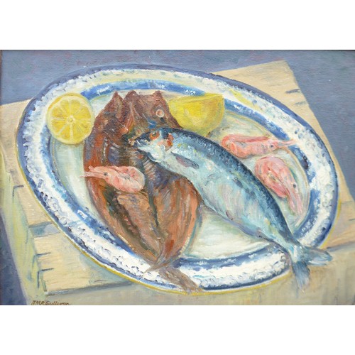 7110 - J M R SULLIVAN (XX); Still life in oils of a Herring, Kipper and Prawns on a plate, 29cm x 40cm