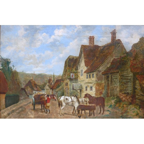 7020 - A 19th Century oil on canvas, village scene, horses gathering. Bearing DW monogram bottom left, writ... 