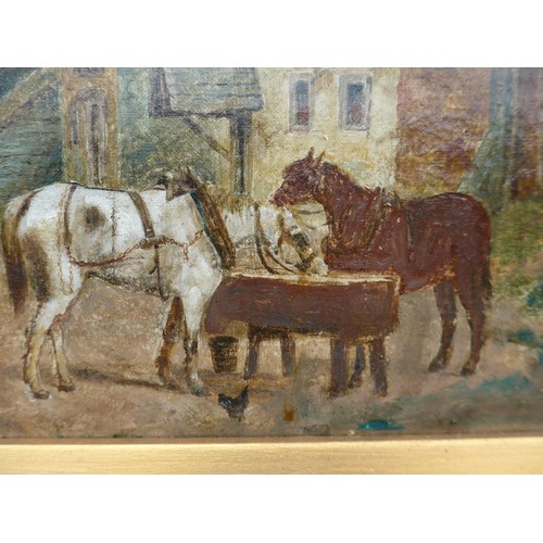 7020 - A 19th Century oil on canvas, village scene, horses gathering. Bearing DW monogram bottom left, writ... 