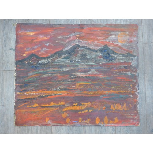 7111 - MIHAILO BATA PROTIC (1922-1999): An unframed oil on board,  red mountainous scene, signed bottom rig... 