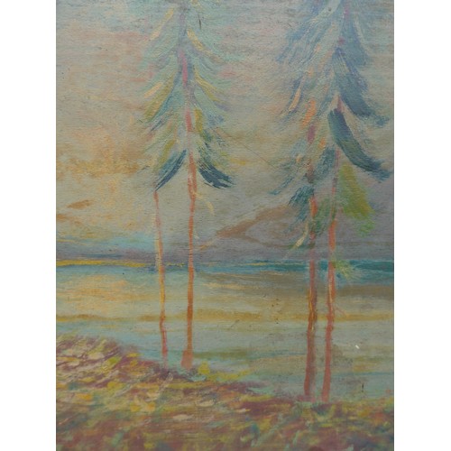 7112 - An early 20th century Eastern European naive oil on wooden board depicting a row of trees beside lak... 