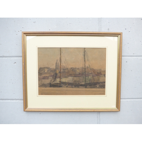 7124 - GEORGE THOMSON RA (1860-1939) A framed and glazed watercolour, docked ships at quayside. Signed bott... 